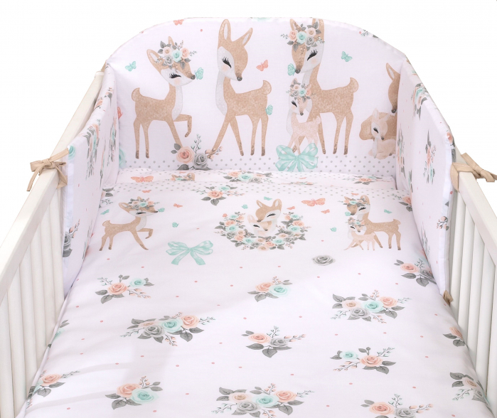 Set lenjerie din bumbac cu protectie laterala pentru pat bebe 120 x 60 cm, Caprioara Boho Alb, Amy [8]