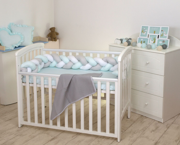 Aparatoare laterala pat Bumper impletit, Cu inchidere velcro, Bumbac, Alb - Gri - Mint, 180X21 cm [4]