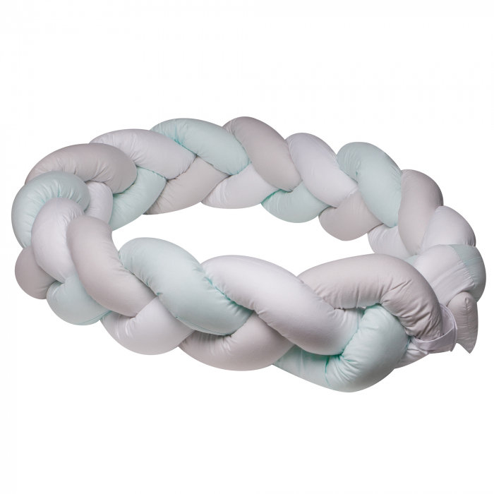 Aparatoare laterala pat Bumper impletit, Cu inchidere velcro, Bumbac, Alb - Gri - Mint, 180X21 cm [5]