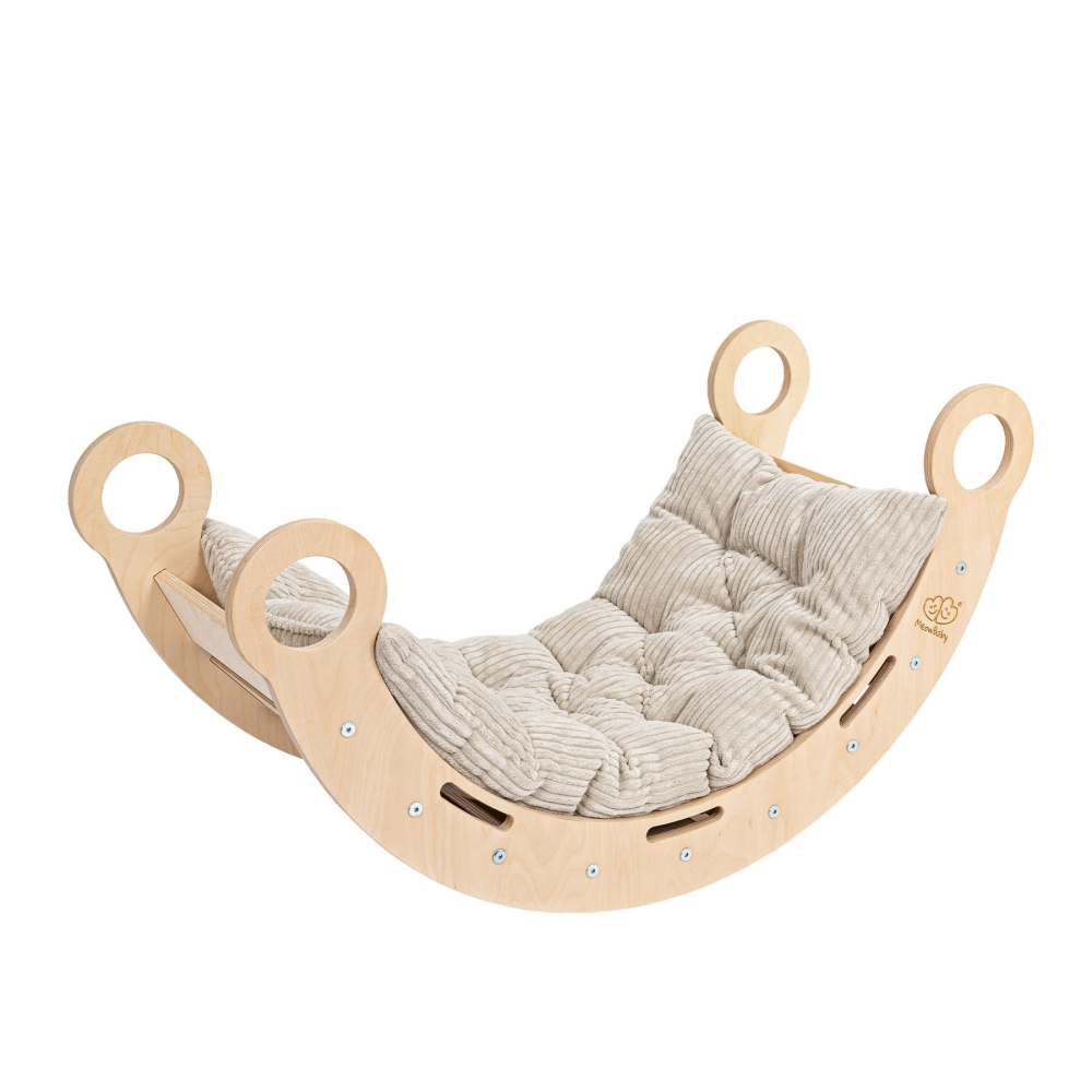 Balansoar Montessori din Lemn Dream Rocker MeowBaby – Mărime Medie, cu Pernă Bej, Multifuncțional Leagăn + Tunel + Scară | Placaj Lăcuit [2]