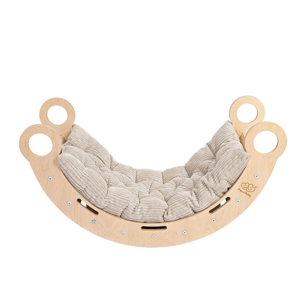Balansoar Montessori din Lemn Dream Rocker MeowBaby – Mărime Mică, cu Pernă Bej, Multifuncțional Leagăn + Tunel + Scară | Placaj Lăcuit [2]