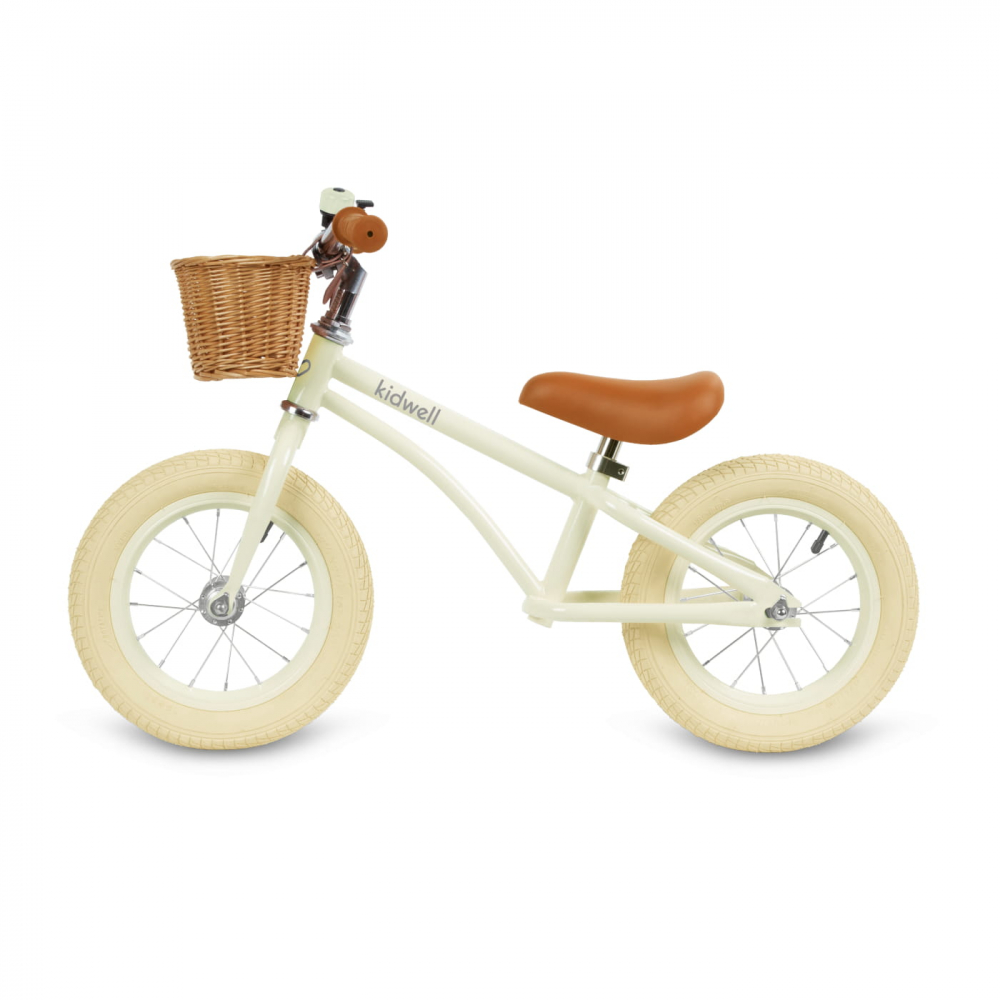 Bicicleta de echilibru fara pedale pentru copii, reglabila, roti de 12", sonerie si cos, 3 ani+, Retro Classy Cream, Kidwell [3]