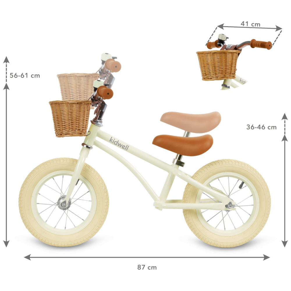 Bicicleta de echilibru fara pedale pentru copii, reglabila, roti de 12", sonerie si cos, 3 ani+, Retro Classy Cream, Kidwell [5]