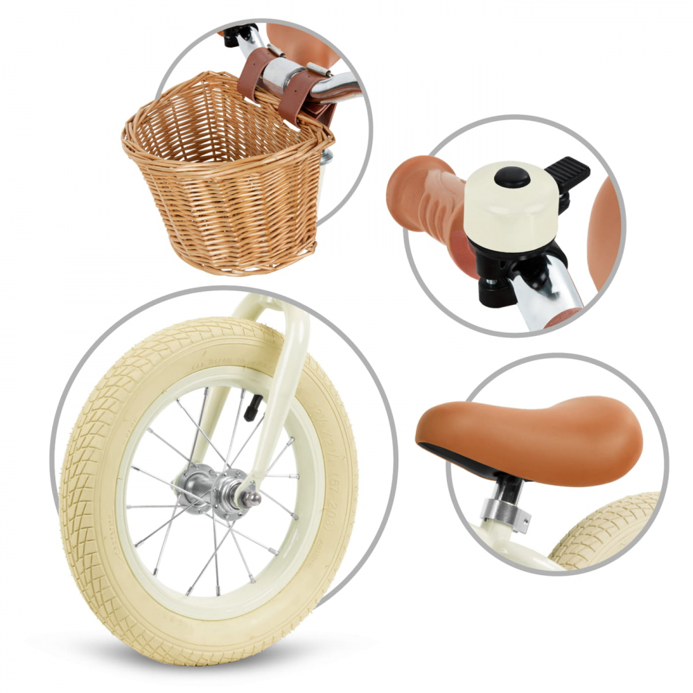 Bicicleta de echilibru fara pedale pentru copii, reglabila, roti de 12", sonerie si cos, 3 ani+, Retro Classy Cream, Kidwell [9]