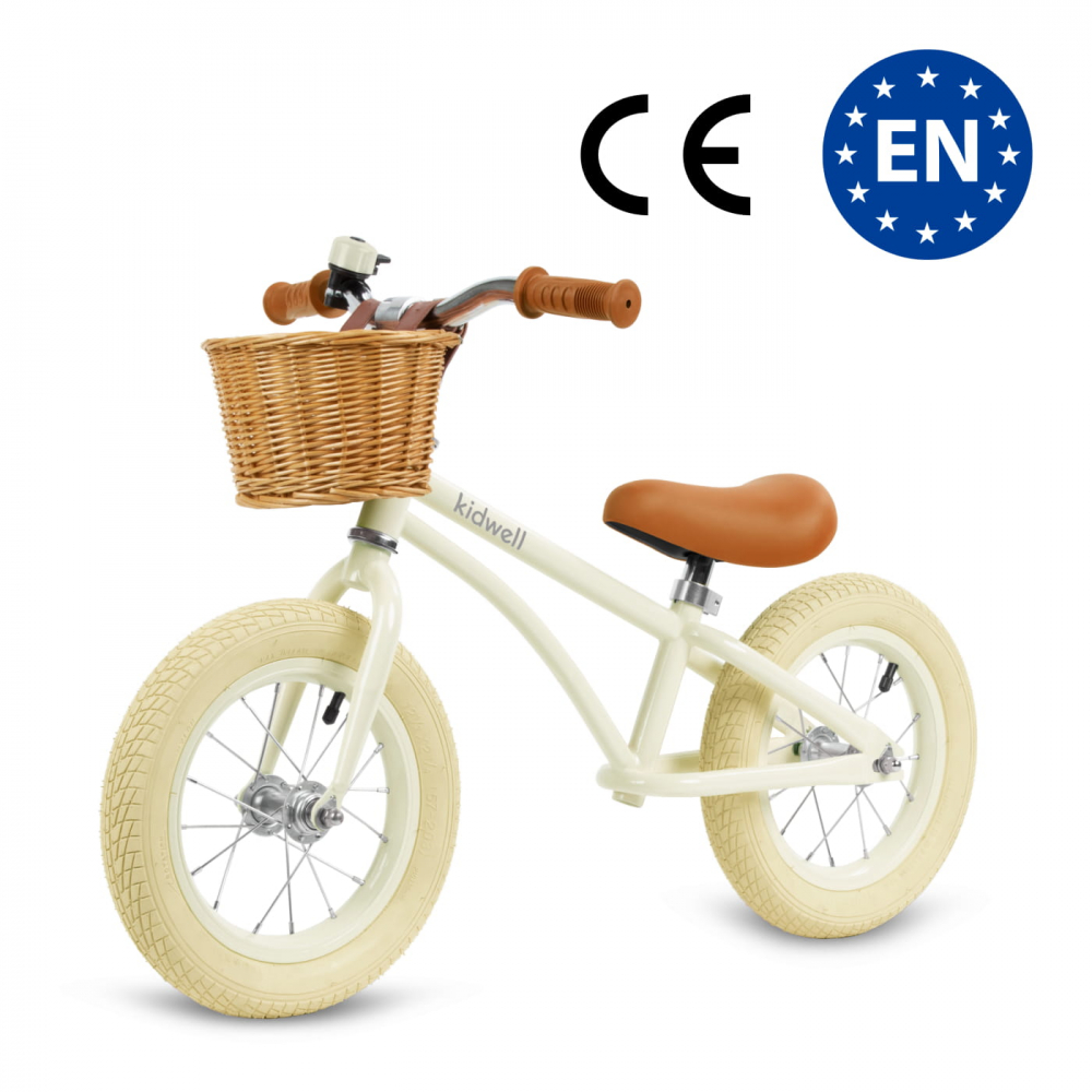 Bicicleta de echilibru fara pedale pentru copii, reglabila, roti de 12", sonerie si cos, 3 ani+, Retro Classy Cream, Kidwell [4]