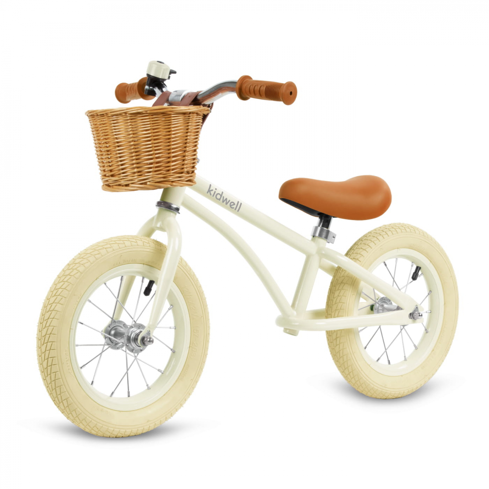 Bicicleta de echilibru fara pedale pentru copii, reglabila, roti de 12", sonerie si cos, 3 ani+, Retro Classy Cream, Kidwell [1]