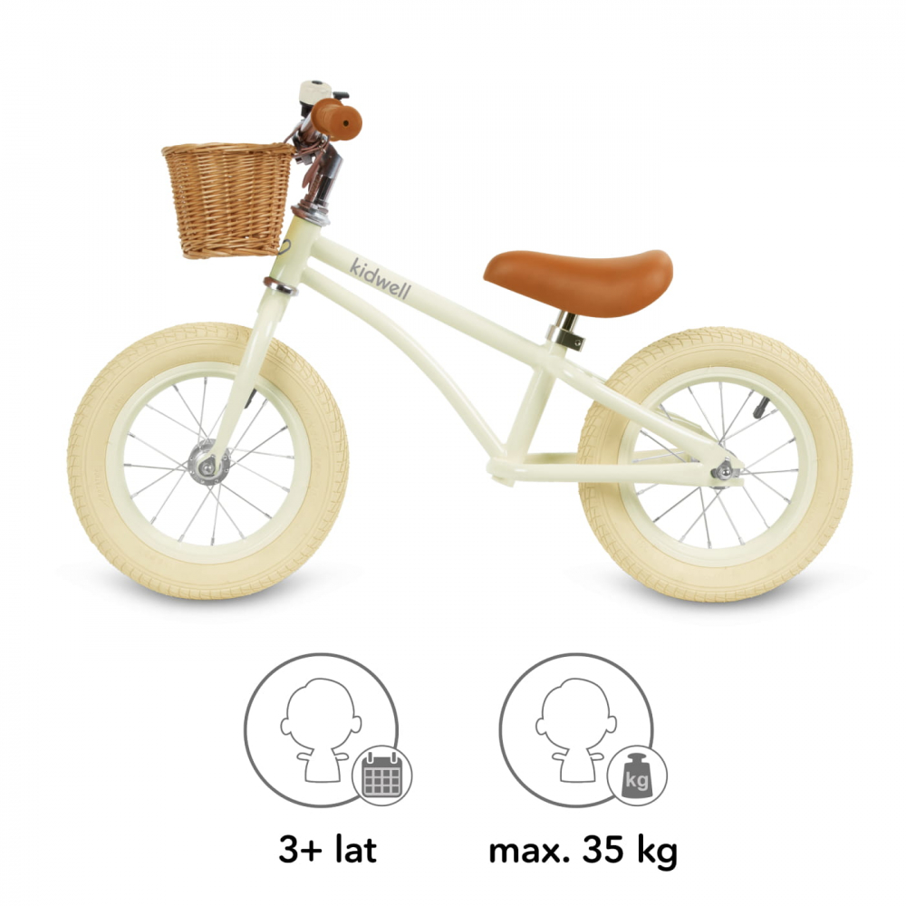 Bicicleta de echilibru fara pedale pentru copii, reglabila, roti de 12", sonerie si cos, 3 ani+, Retro Classy Cream, Kidwell [6]