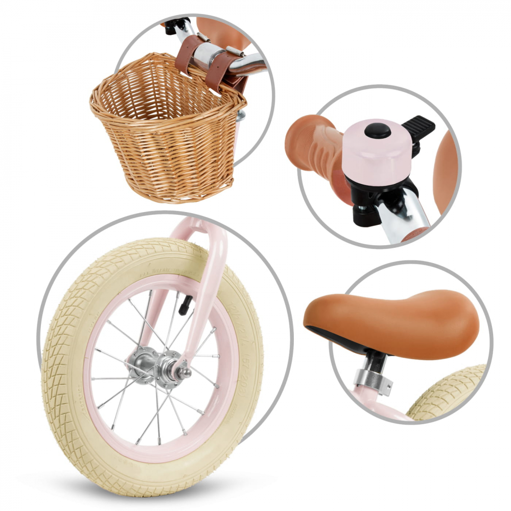 Bicicleta de echilibru fara pedale pentru copii, reglabila, roti de 12", sonerie si cos, 3 ani+, Retro Classy Pink, Kidwell [9]