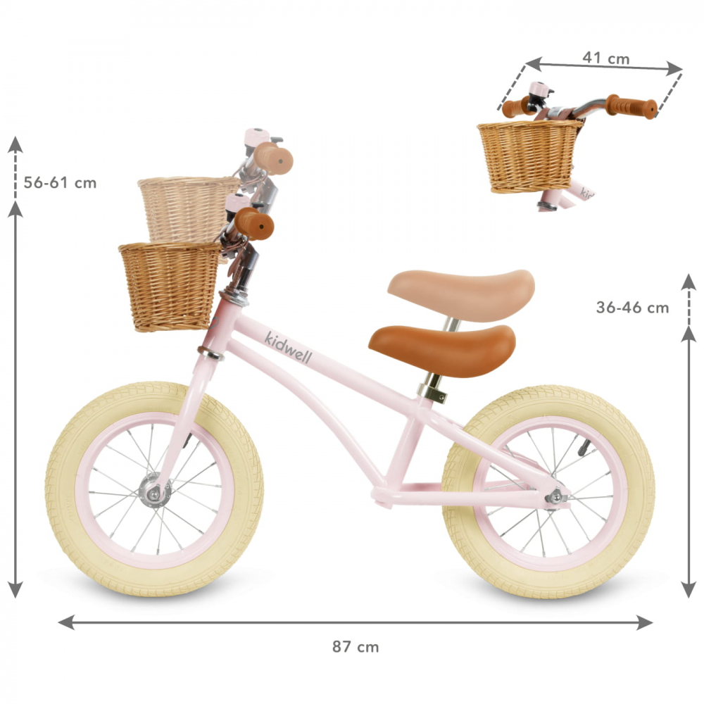 Bicicleta de echilibru fara pedale pentru copii, reglabila, roti de 12", sonerie si cos, 3 ani+, Retro Classy Pink, Kidwell [6]