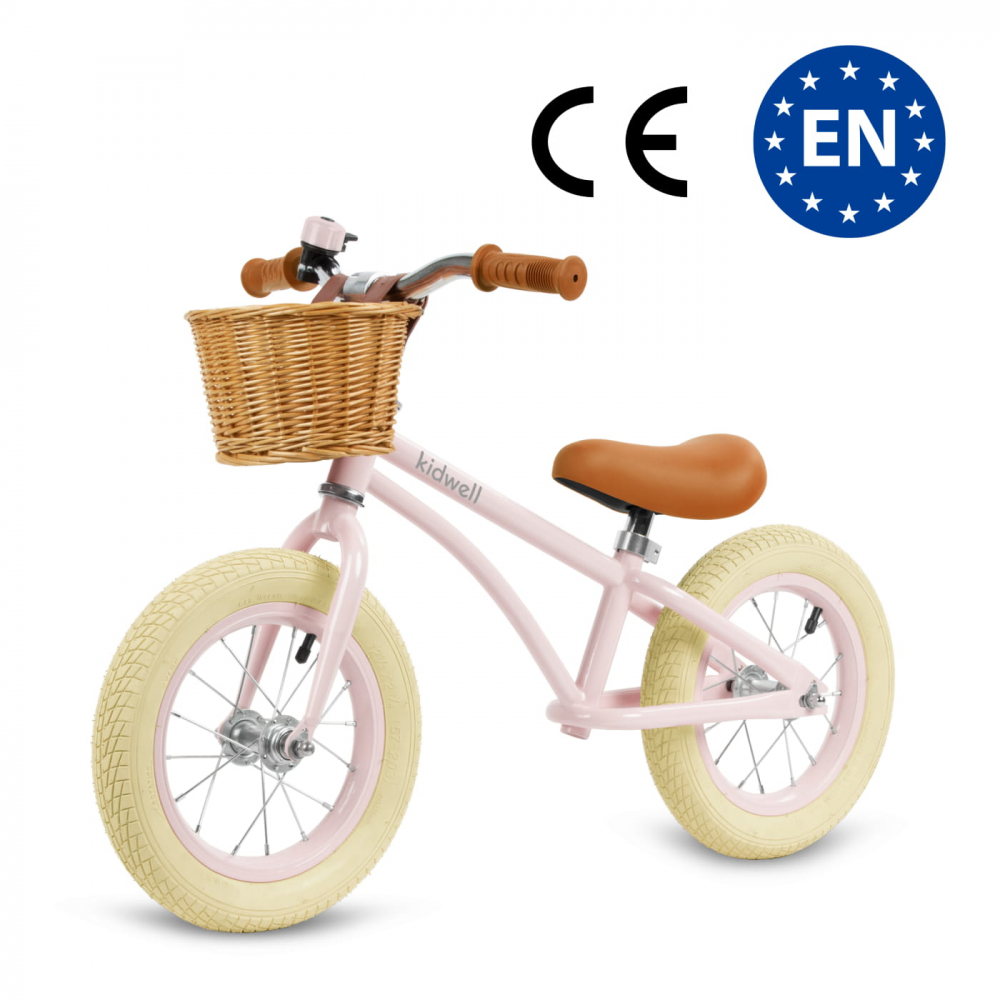 Bicicleta de echilibru fara pedale pentru copii, reglabila, roti de 12", sonerie si cos, 3 ani+, Retro Classy Pink, Kidwell [5]