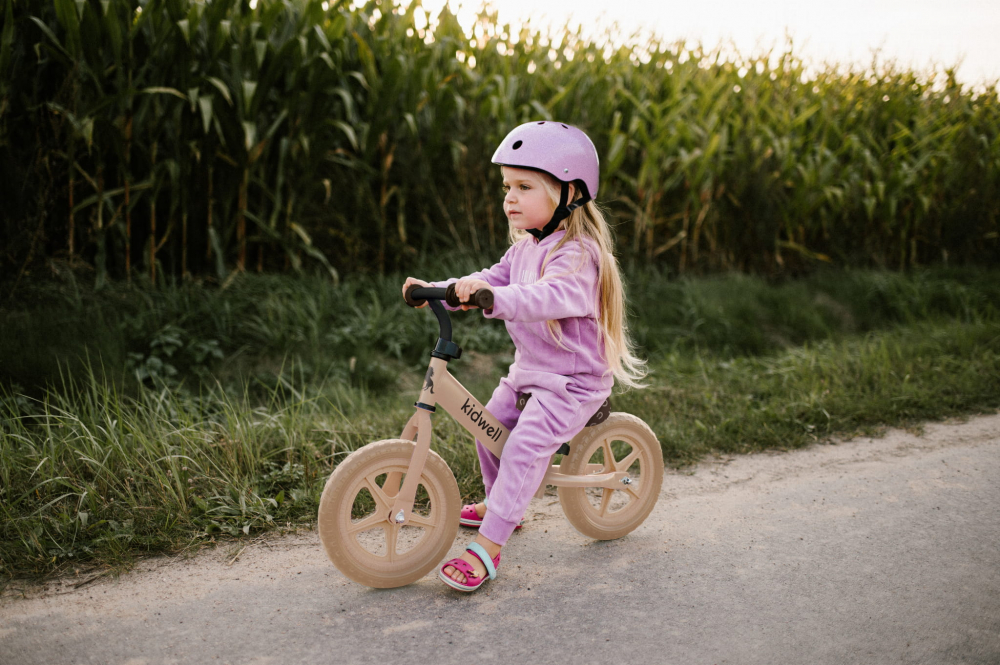 Bicicleta de echilibru fara pedale pentru copii, reglabila si roti late Eva de 12", Rebel Beige, Kidwell [10]