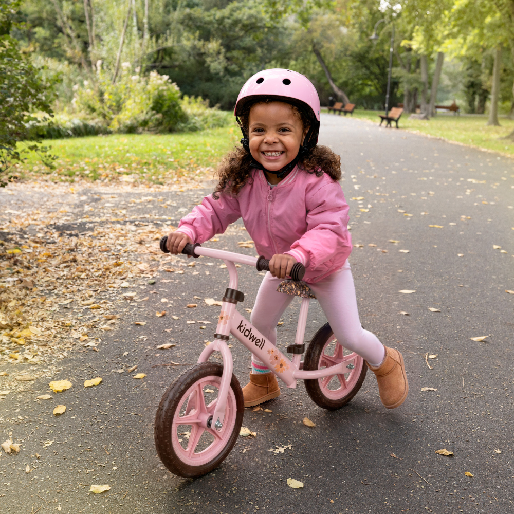 Bicicleta de echilibru fara pedale pentru copii, Kidwell REBEL Flower, 2.64 kg, roți EVA 28 cm, reglabilă, 80–120 cm, max. 30 kg [9]