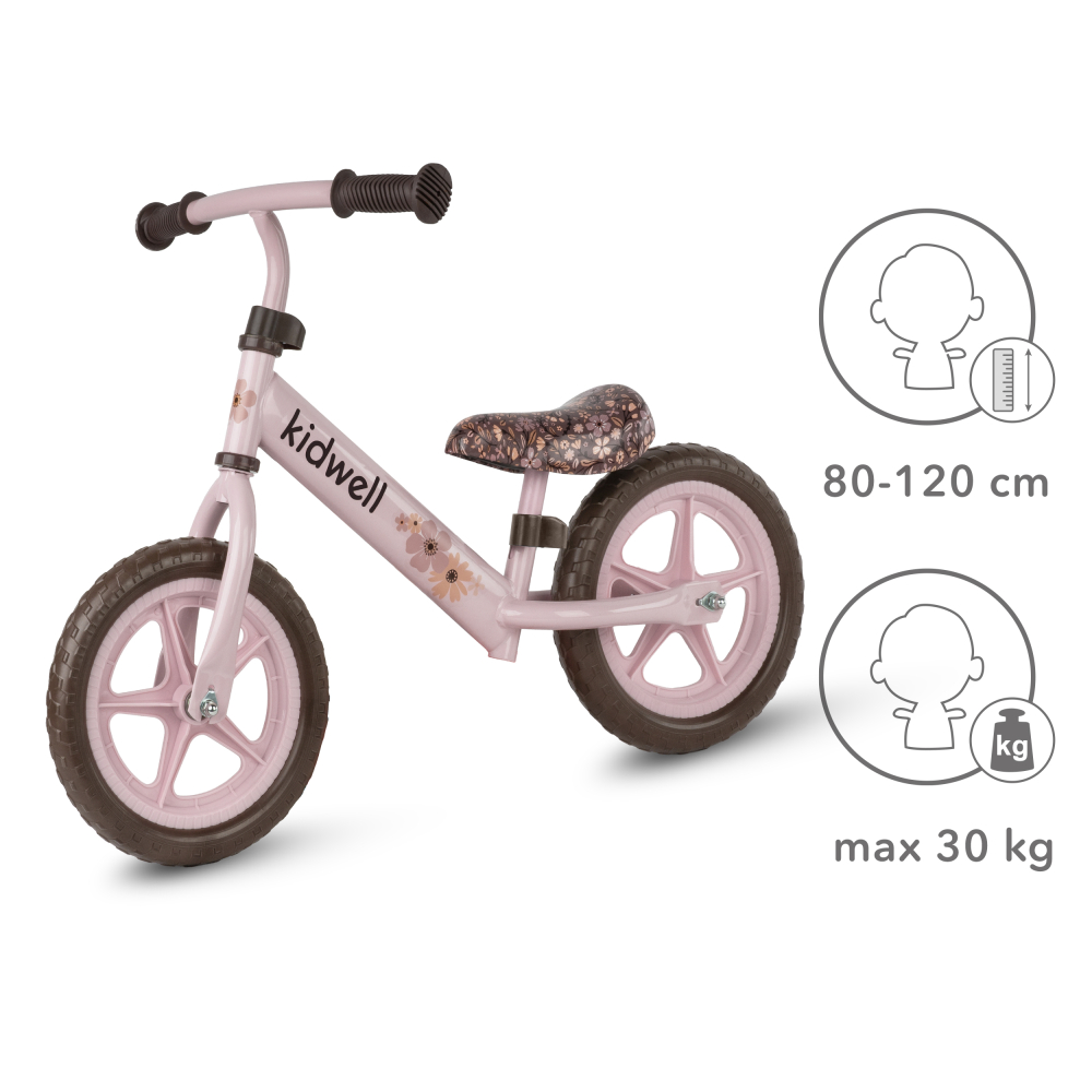 Bicicleta de echilibru fara pedale pentru copii, Kidwell REBEL Flower, 2.64 kg, roți EVA 28 cm, reglabilă, 80–120 cm, max. 30 kg [7]