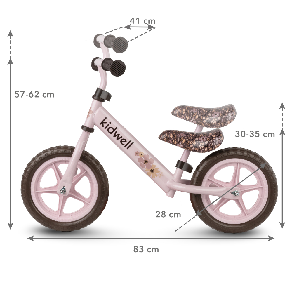 Bicicleta de echilibru fara pedale pentru copii, Kidwell REBEL Flower, 2.64 kg, roți EVA 28 cm, reglabilă, 80–120 cm, max. 30 kg [8]