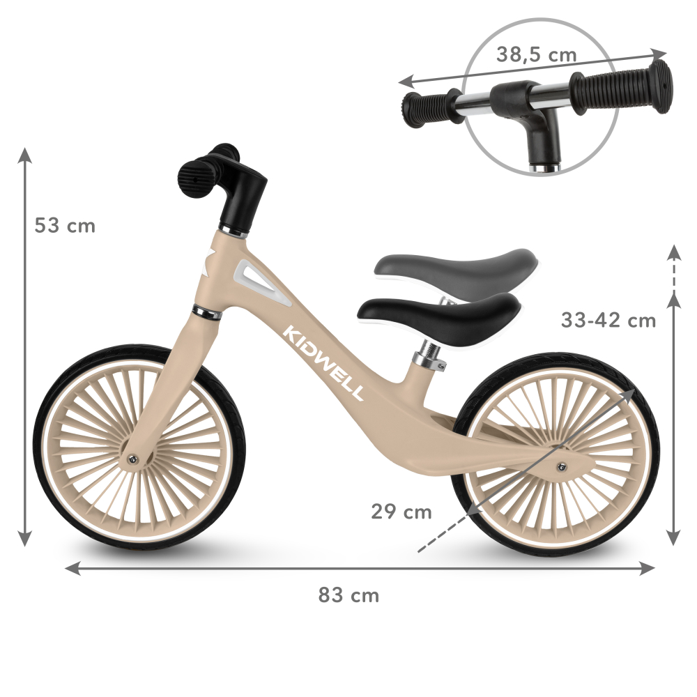 Bicicleta de echilibru fara pedale pentru copii, Kidwell NIX Beige, 3.05 kg, roți PU 29 cm, reglabilă, 80–120 cm, max. 30 kg [8]