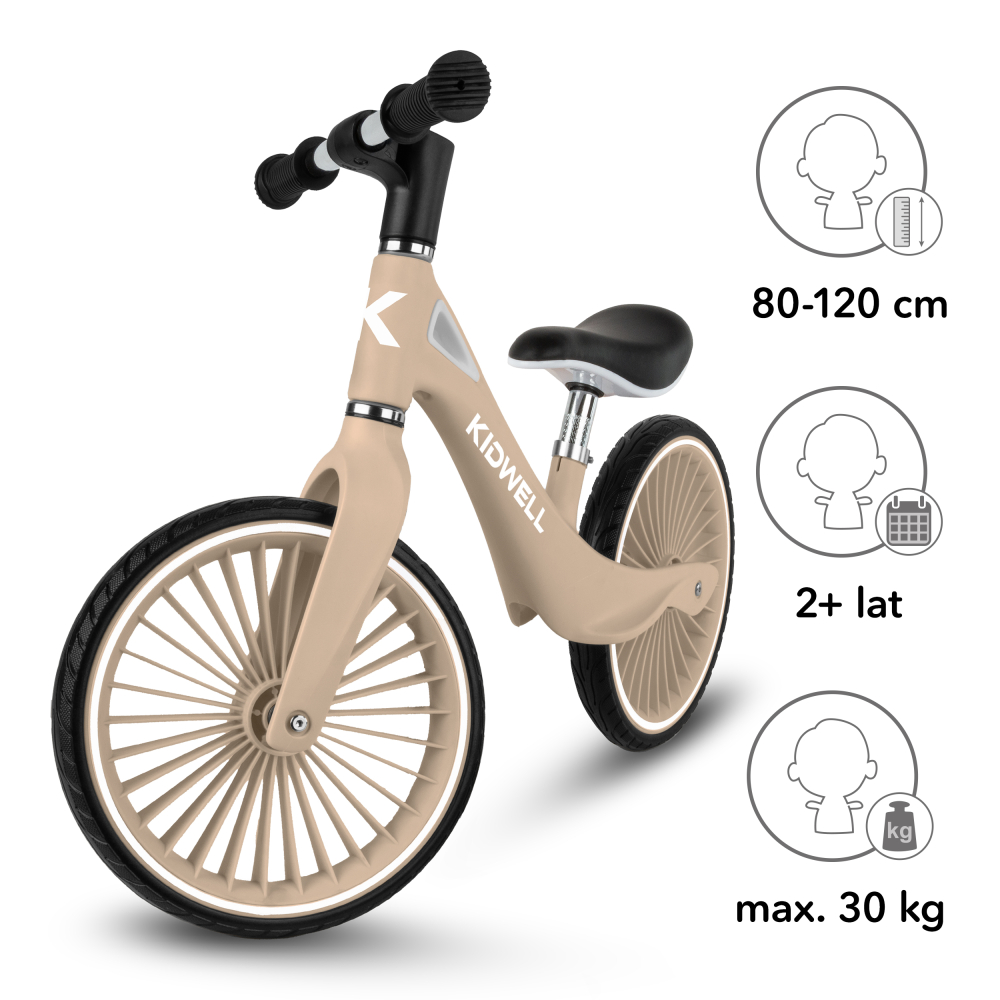 Bicicleta de echilibru fara pedale pentru copii, Kidwell NIX Beige, 3.05 kg, roți PU 29 cm, reglabilă, 80–120 cm, max. 30 kg [7]