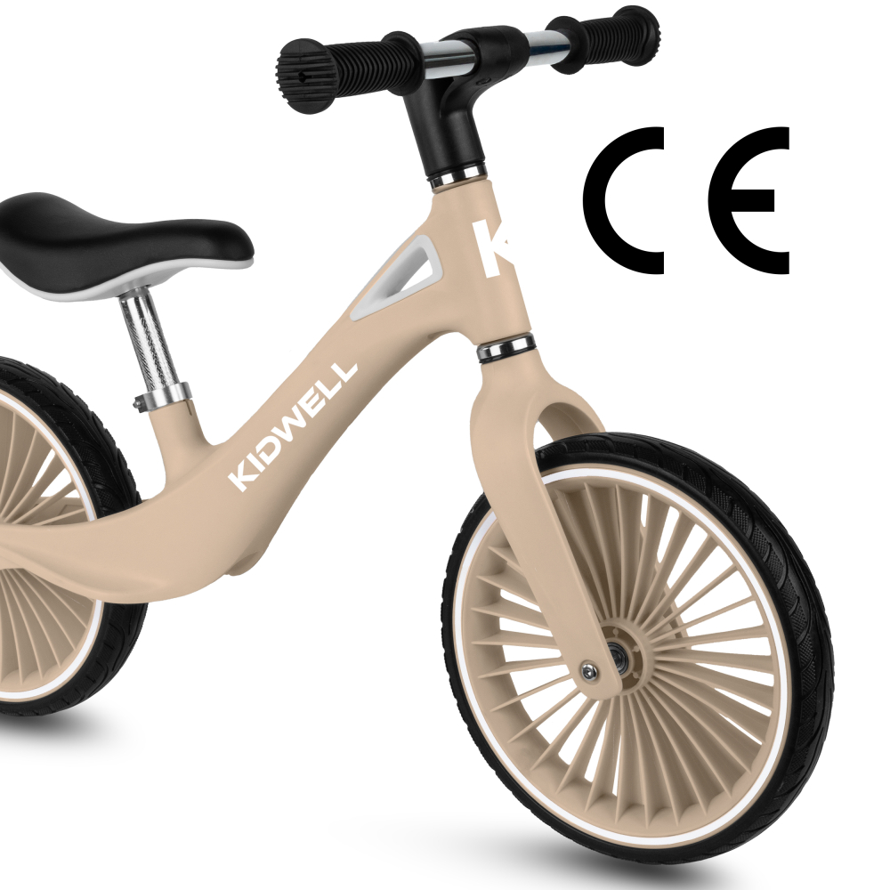 Bicicleta de echilibru fara pedale pentru copii, Kidwell NIX Beige, 3.05 kg, roți PU 29 cm, reglabilă, 80–120 cm, max. 30 kg [4]