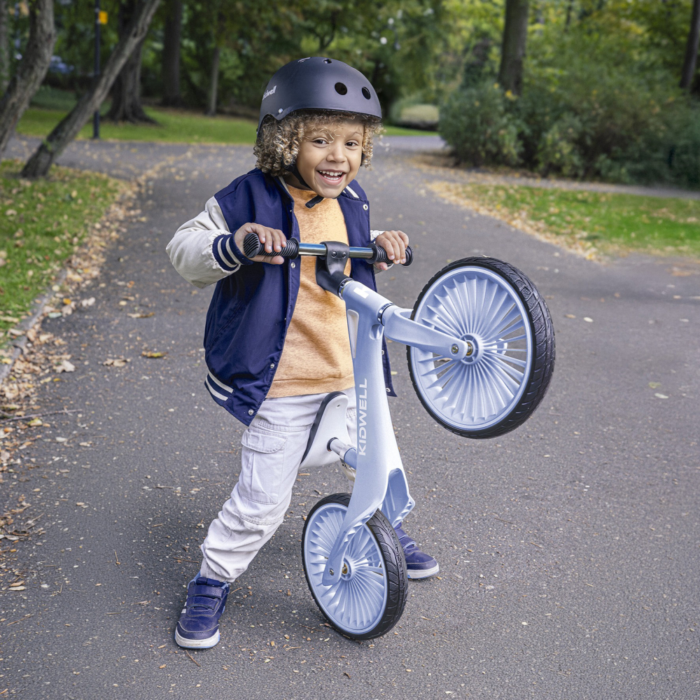 Bicicleta de echilibru fara pedale pentru copii, Kidwell NIX Blue Aura, 3.05 kg, roți PU 29 cm, reglabilă, 80–120 cm, max. 30 kg [9]