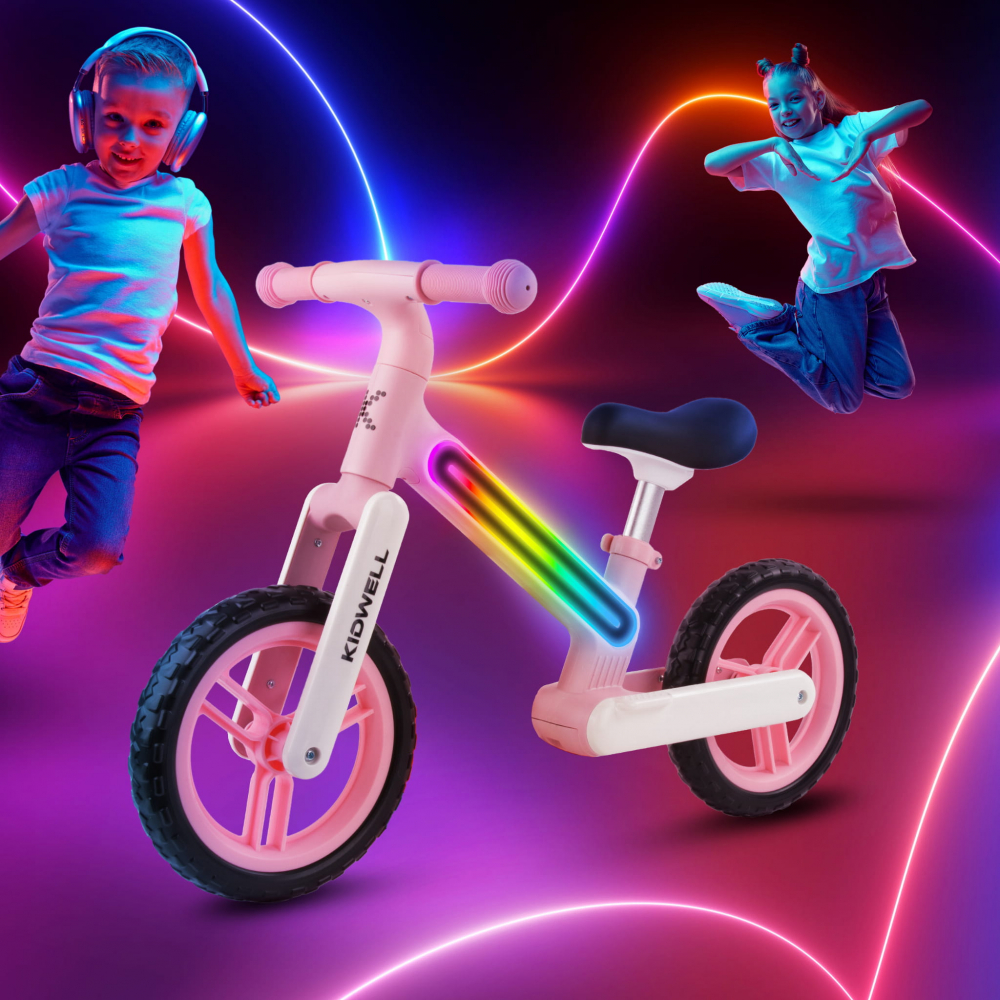 Bicicleta de echilibru fara pedale pentru copii, sa reglabila, cu lumini LED, roti Eva, 2 ani+, Suno Pink, Kidwell [9]