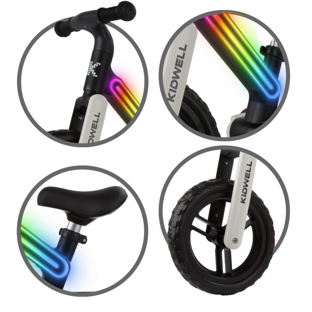 Bicicleta de echilibru fara pedale pentru copii, sa reglabila, cu lumini LED, roti Eva, 2 ani+, Suno Black/White, Kidwell [5]