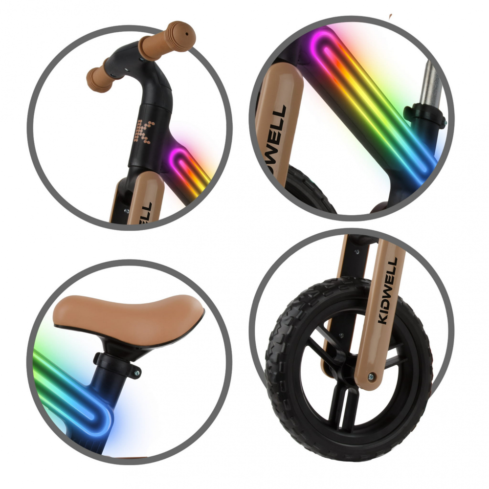 Bicicleta de echilibru fara pedale pentru copii, sa reglabila, cu lumini LED, roti Eva, 2 ani+, Suno Black/Beige, Kidwell [4]