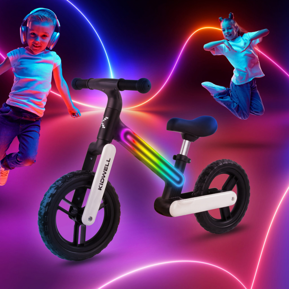 Bicicleta de echilibru fara pedale pentru copii, sa reglabila, cu lumini LED, roti Eva, 2 ani+, Suno Black/White, Kidwell [9]