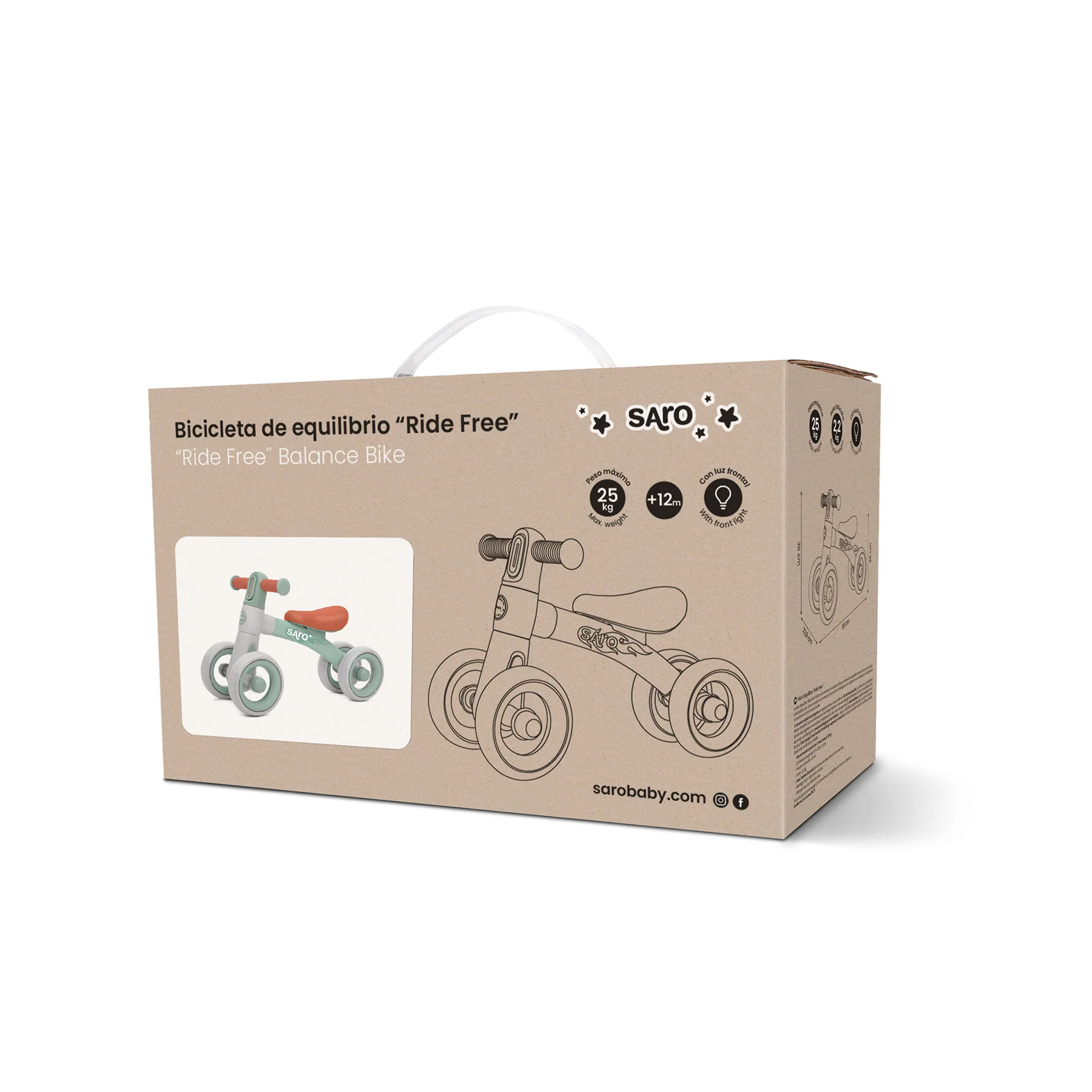 Bicicletă de echilibru Saro “Ride Free” Pink, fără pedale, cu 4 roți pentru stabilitate (2 față + 2 spate), lumină frontală, 12+ luni, max 25 kg [4]