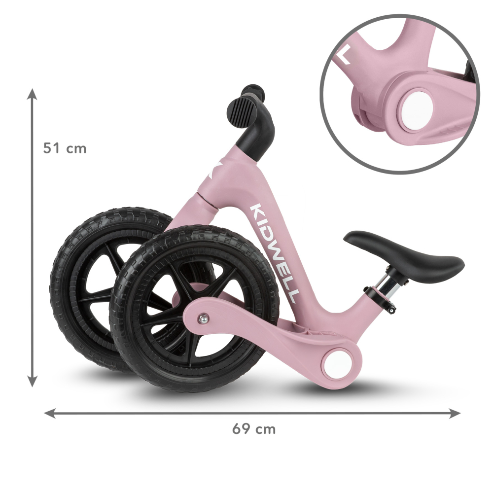 Bicicleta de echilibru fara pedale pentru copii, pliabila, Kidwell FLEX Pink, ultra usoara 2.9 kg, roți EVA 29 cm, reglabilă, 80–120 cm, max. 30 kg [8]