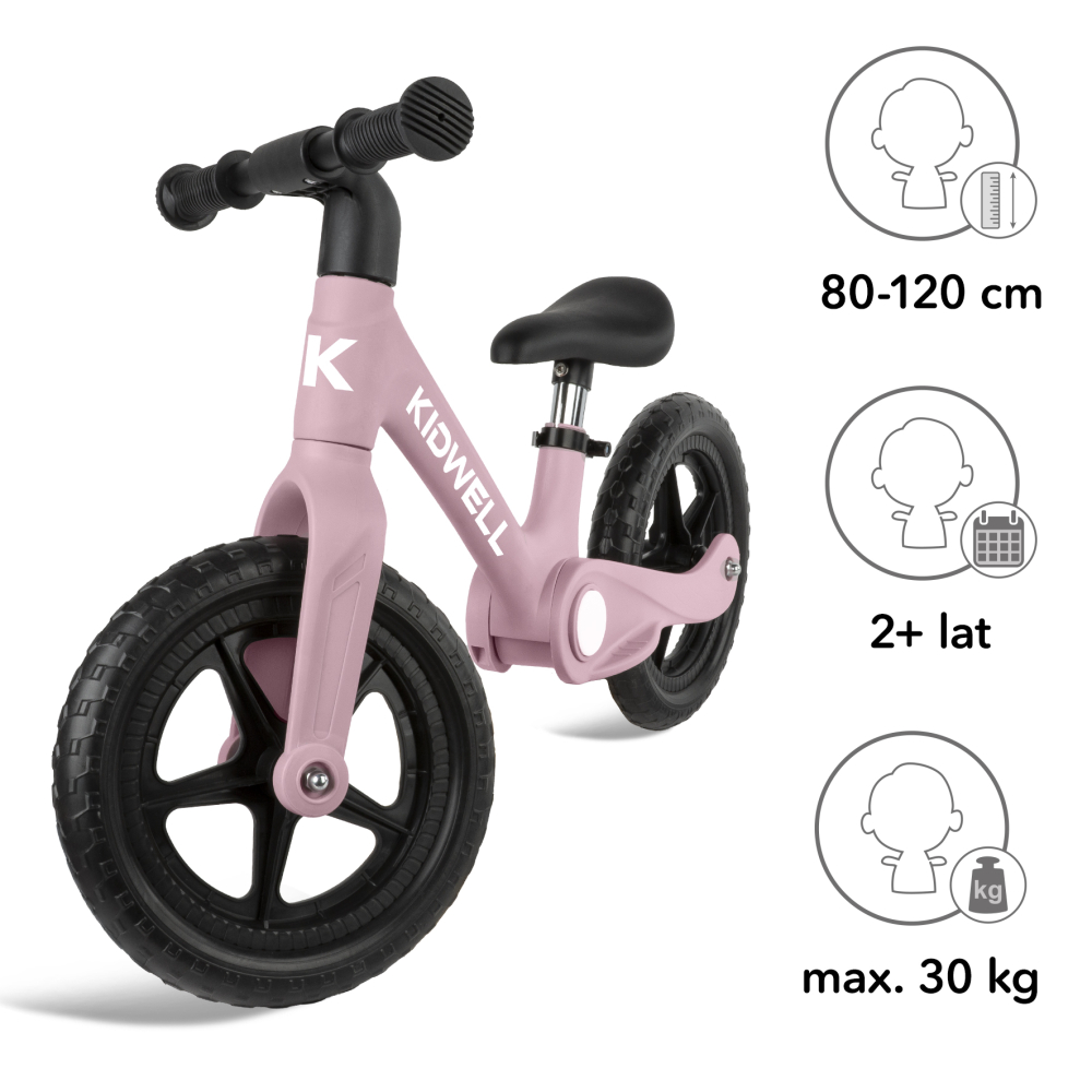Bicicleta de echilibru fara pedale pentru copii, pliabila, Kidwell FLEX Pink, ultra usoara 2.9 kg, roți EVA 29 cm, reglabilă, 80–120 cm, max. 30 kg [9]