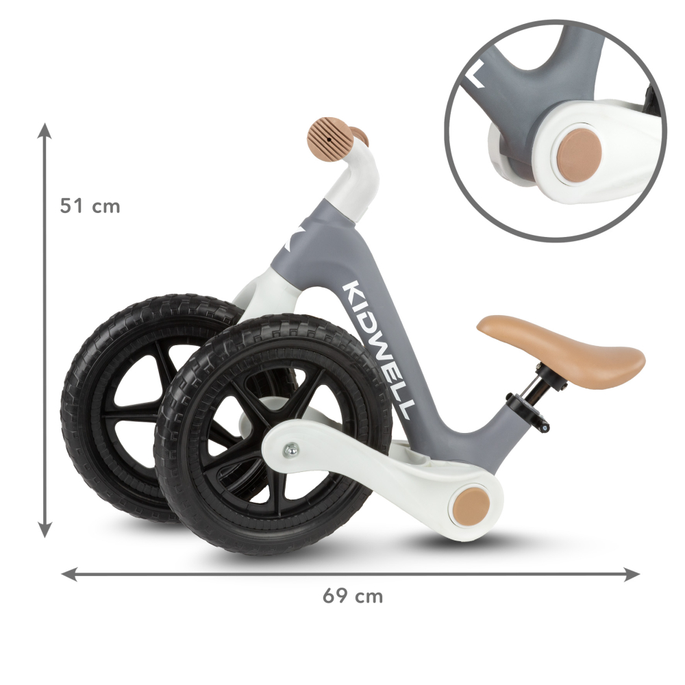 Bicicleta de echilibru fara pedale pentru copii, pliabila, Kidwell FLEX Gray, ultra usoara 2.9 kg, roți EVA 29 cm, reglabilă, 80–120 cm, max. 30 kg [12]