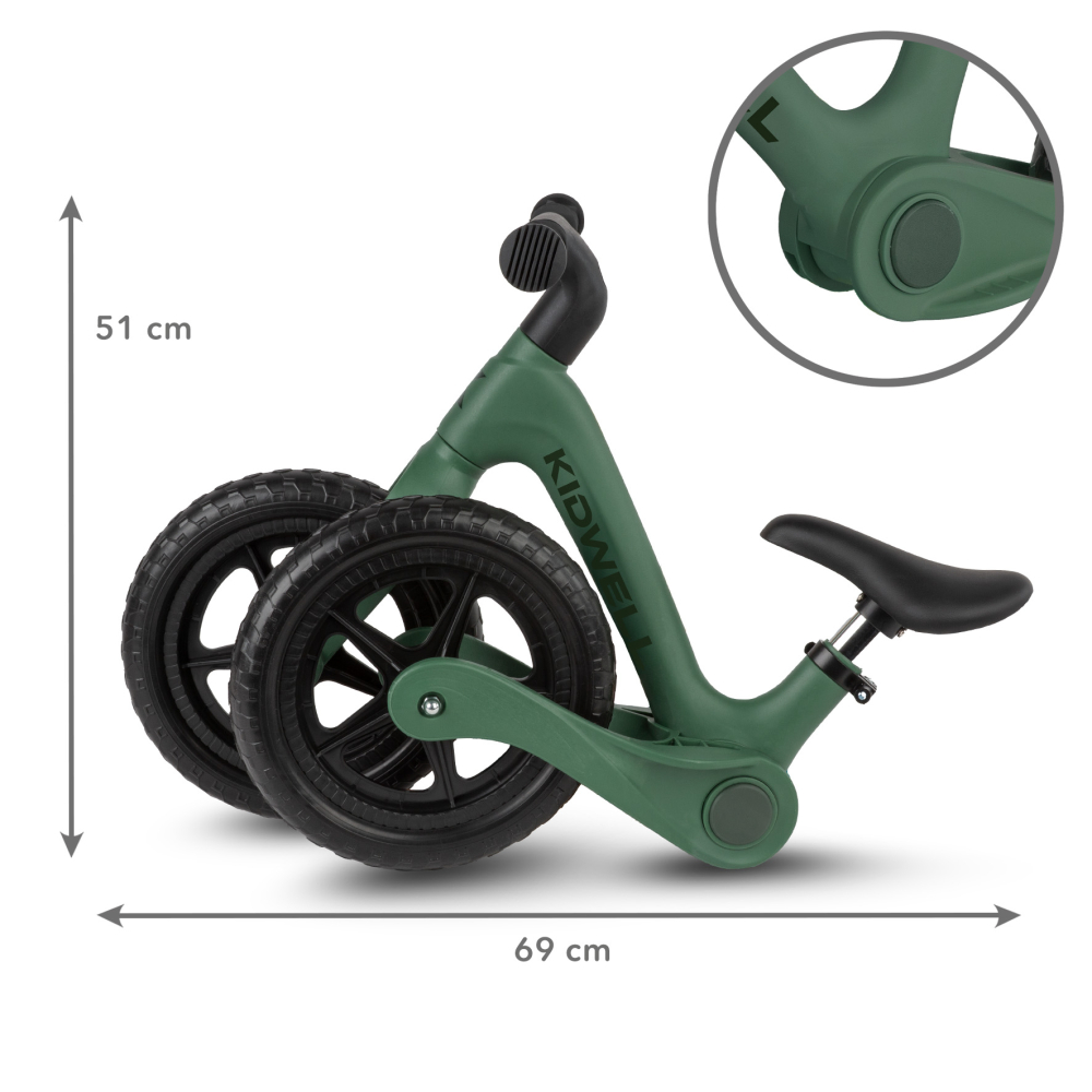 Bicicleta de echilibru fara pedale pentru copii, pliabila, Kidwell FLEX Green, ultra usoara 2.9 kg, roți EVA 29 cm, reglabilă, 80–120 cm, max. 30 kg [11]