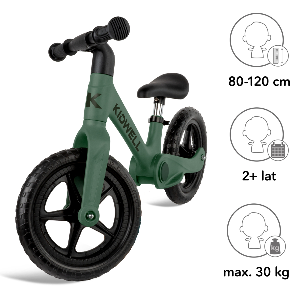 Bicicleta de echilibru fara pedale pentru copii, pliabila, Kidwell FLEX Green, ultra usoara 2.9 kg, roți EVA 29 cm, reglabilă, 80–120 cm, max. 30 kg [9]