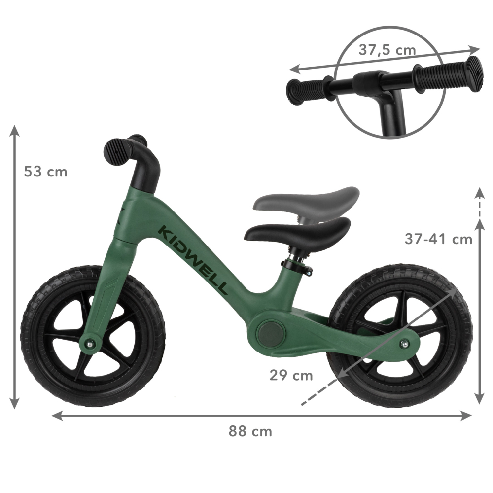 Bicicleta de echilibru fara pedale pentru copii, pliabila, Kidwell FLEX Green, ultra usoara 2.9 kg, roți EVA 29 cm, reglabilă, 80–120 cm, max. 30 kg [14]