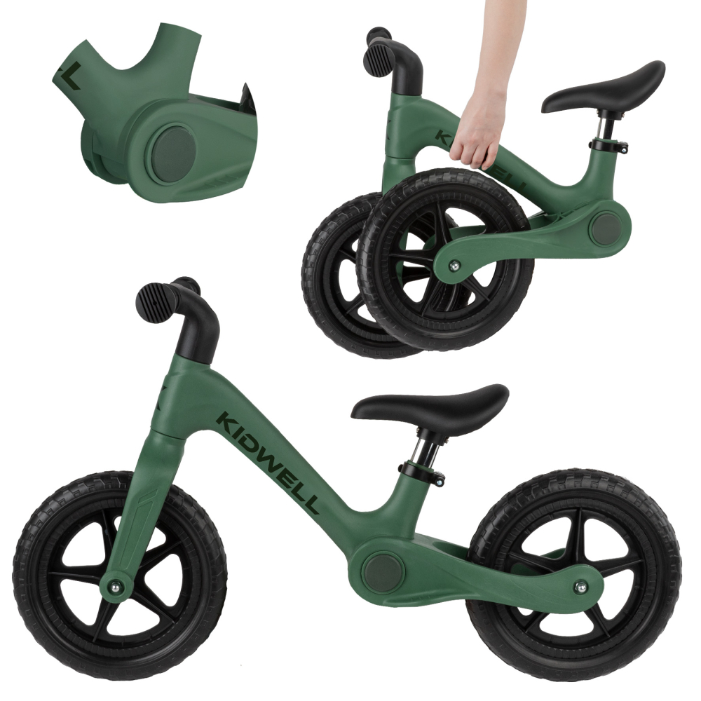 Bicicleta de echilibru fara pedale pentru copii, pliabila, Kidwell FLEX Green, ultra usoara 2.9 kg, roți EVA 29 cm, reglabilă, 80–120 cm, max. 30 kg [2]