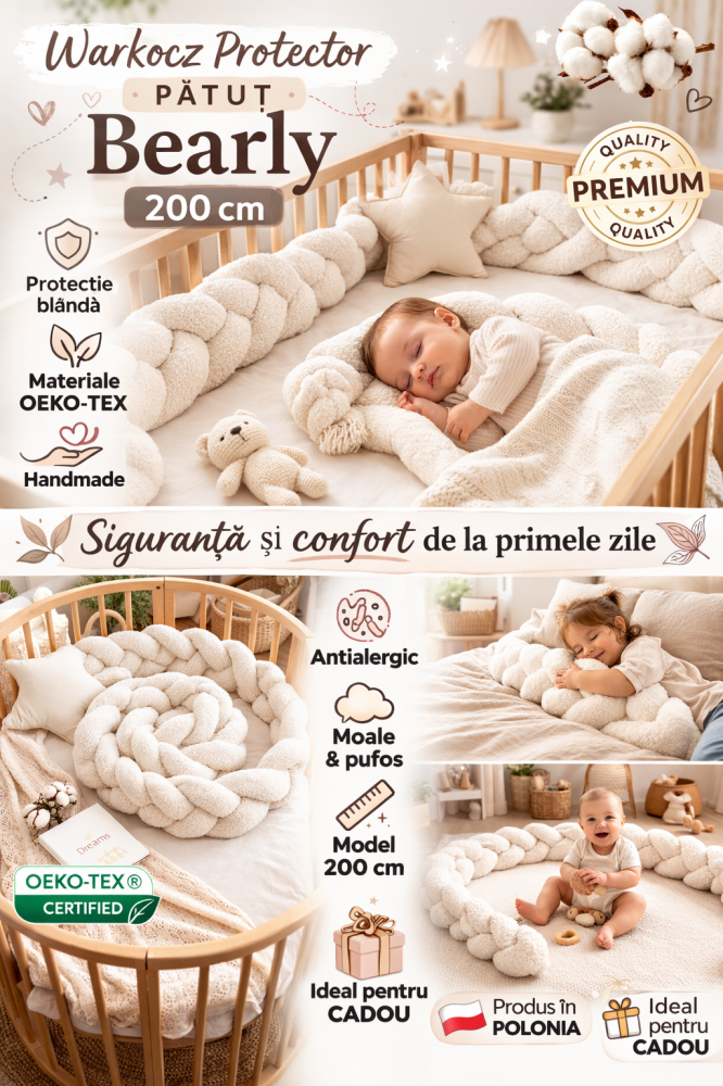 Bumper împletit pentru pătuț – MeowBaby® Bearly Cream 200 cm , 200 cm [3]
