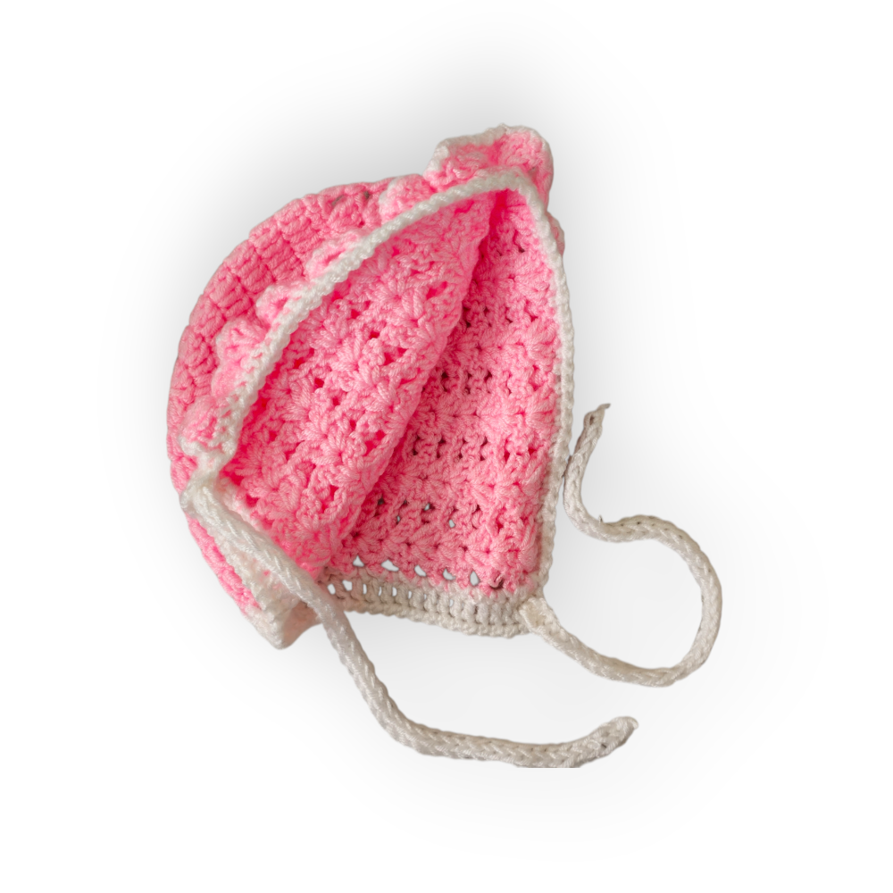 Căciuliță Bonnet Handmade 0–3 Luni din Bambus – Roz cu Alb [2]