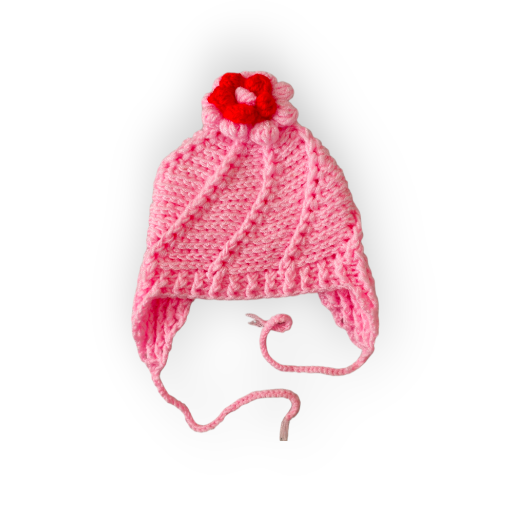 Căciuliță Handmade 0–3 Luni din Bambus – Roz cu Floricică Roșie [1]