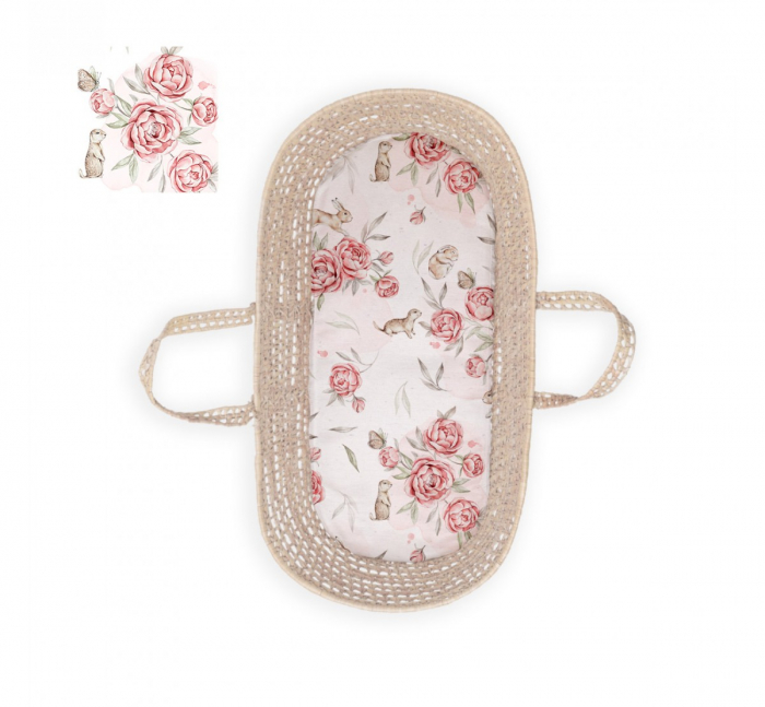Cearsaf din bumbac cu elastic pe contur pentru landou si cosulete, Peony [2]