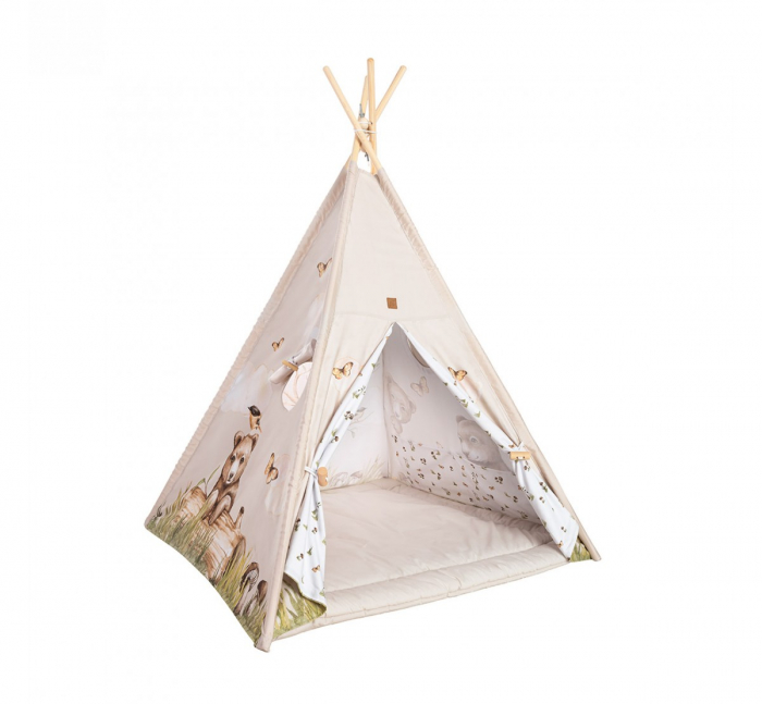 Cort de joaca Happy Bear, saltea impermeabila inclusa, 4 perne, Indian Teepee din Bumbac, BabySteps [3]