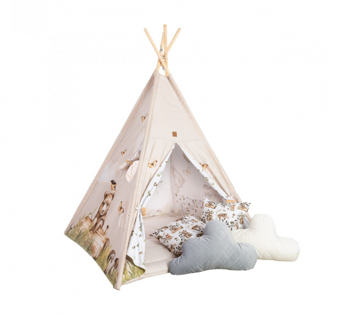 Cort de joaca Happy Bear, saltea impermeabila inclusa, 4 perne, Indian Teepee din Bumbac, BabySteps [2]
