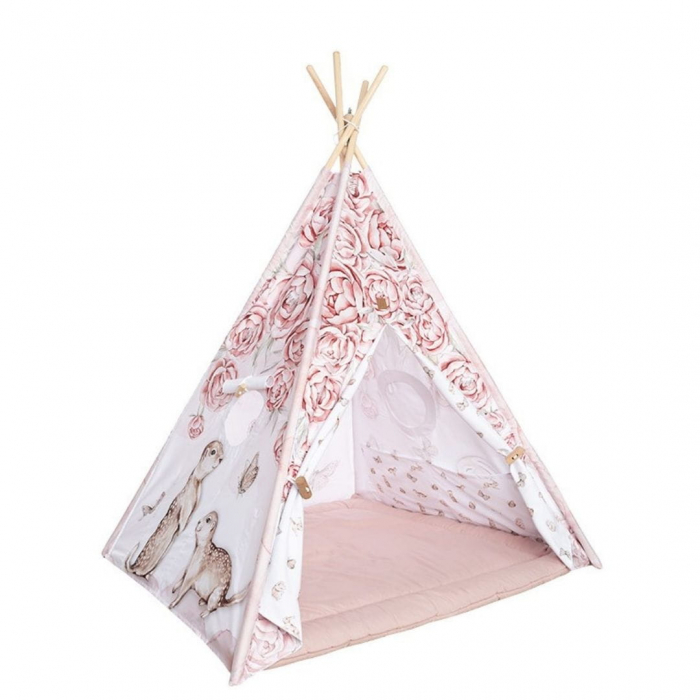 Cort de joaca Peony Dreamland, saltea impermeabila inclusa, 4 perne, Indian Teepee din Bumbac, BabySteps [2]