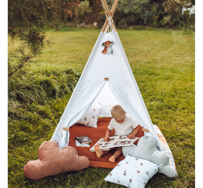 Cort de joaca Fox, saltea impermeabila inclusa, 4 perne, Indian Teepee din Bumbac, BabySteps [4]