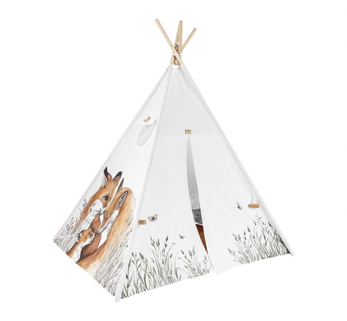 Cort de joaca Fox, saltea impermeabila inclusa, 4 perne, Indian Teepee din Bumbac, BabySteps [2]