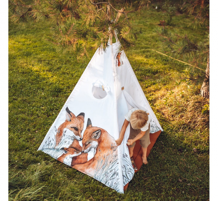 Cort de joaca Fox, saltea impermeabila inclusa, 4 perne, Indian Teepee din Bumbac, BabySteps [5]