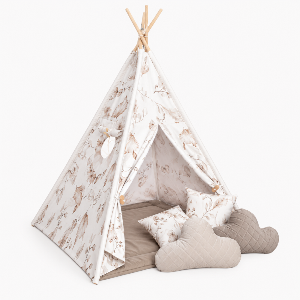 Cort Tipi pentru Copii BabySteps Boho, 160cm, Bumbac Natural cu Frunze Botanice, cu Saltea Groasă și 4 Perne Decorative [4]