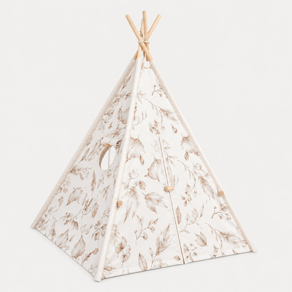 Cort Tipi pentru Copii BabySteps Boho, 160cm, Bumbac Natural cu Frunze Botanice, cu Saltea Groasă și 4 Perne Decorative [3]