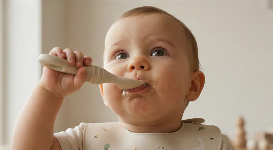 Furculița și lingura BabySteps® 2in1, silicon alimentar 100%, Fără BPA, BPS, PVC și ftalați, cream [3]