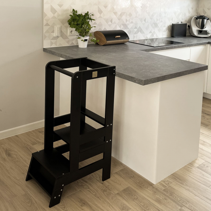 Inaltator Learning Tower Ajustabil, Ajutor de bucatarie MeowBaby®, lemn Negru [7]