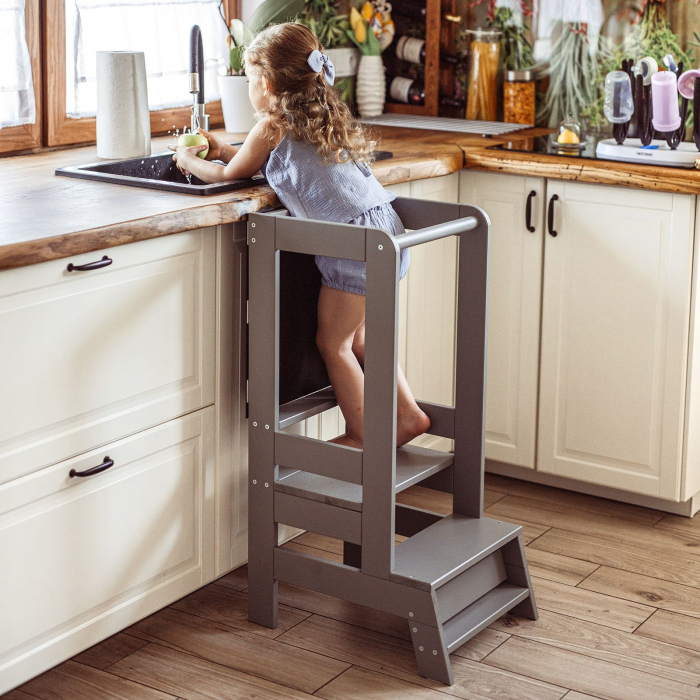 Inaltator Learning Tower Ajustabil cu tabla de scris, Ajutor de bucatarie MeowBaby®, lemn Gri inchis [9]