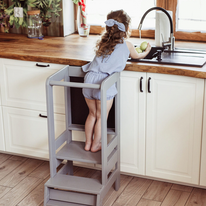 Inaltator Learning Tower Ajustabil cu tabla de scris, Ajutor de bucatarie MeowBaby®, lemn Gri inchis [7]